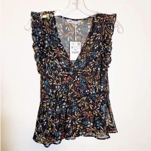 Zara Tops - ZARA SemiSheer Metallic Floral Print Ruffle Blouse